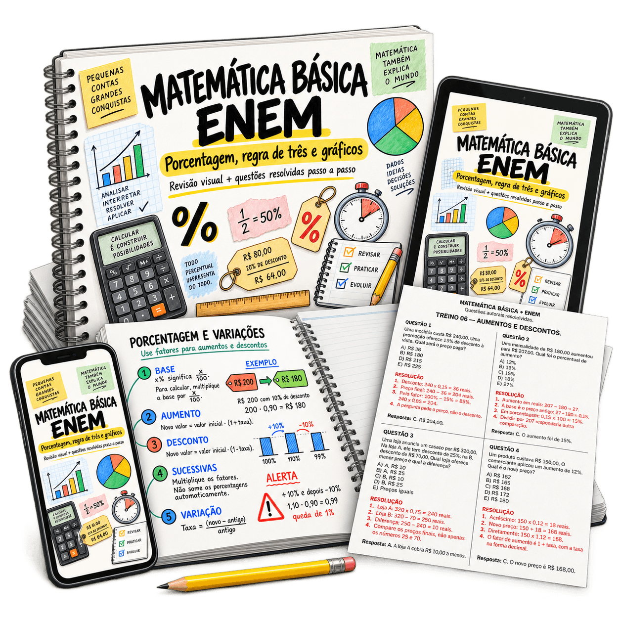 Matemática Básica ENEM: mockup ilustrativo dos mapas e questões resolvidas